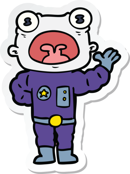 Bir insan tarafından çizilmiş garip uzaylı el sallayan bir çizgi film çıkartması.