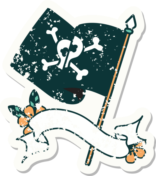 Bir insan tarafından çizilmiş korsan bayrağının bayrağı olan eski bir etiket.