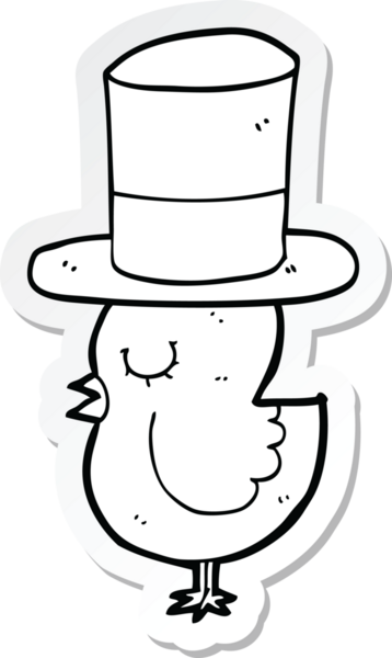 Bir insan tarafından çizilmiş silindir şapkalı çizgi film kuşunun çıkartması.