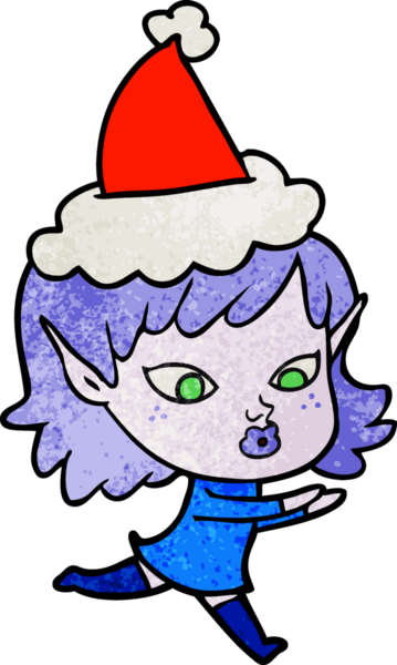 Bir insan tarafından çizilmiş Noel Baba şapkası takan bir elf kızı çizilmiş güzel bir el çizimi.