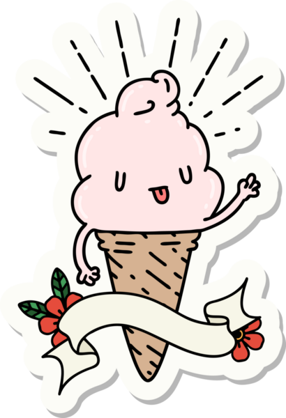 Bir insan tarafından çizilmiş dövme stili dondurma karakterinin çıkartması.