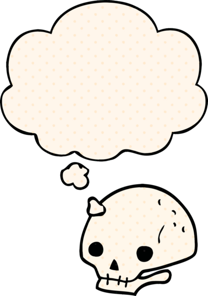 Çizgi roman tarzında bir insan tarafından çizilmiş düşünce baloncuğu olan karikatürümsü kafatası.