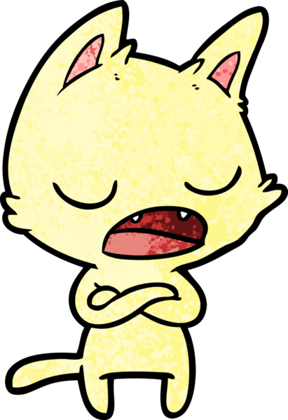 Bir insan tarafından çizilmiş çapraz kollu konuşan bir kedi.