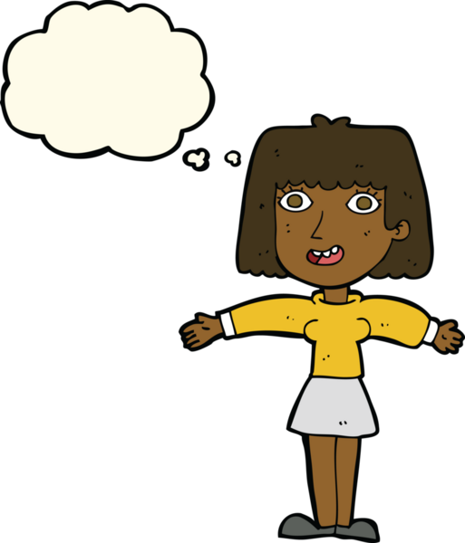 Bir insan tarafından çizilmiş düşünce baloncuğu olan heyecanlı bir kadın.