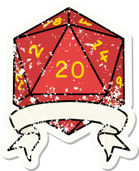 Bir insan tarafından çekilen 20 kritik vuruşluk D20 zar atımının grunge çıkartması.