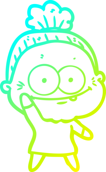 Bir insan tarafından çizilmiş, mutlu, yaşlı bir kadının çizimi.