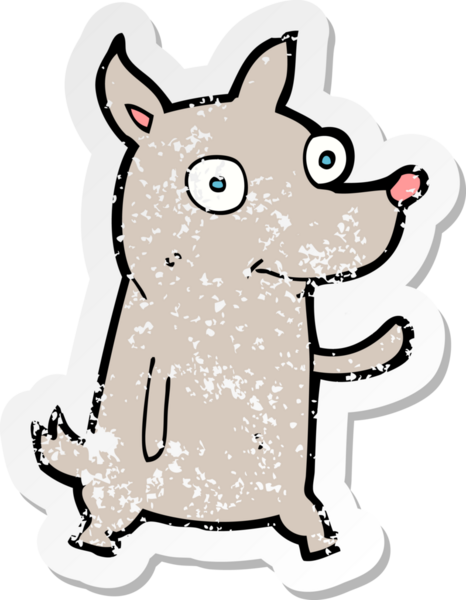 Bir insan tarafından çizilmiş küçük bir köpeğin gerilmiş çıkartması.