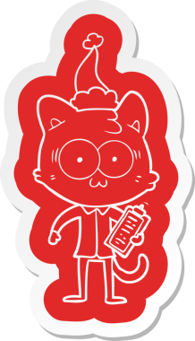 Şaşırmış ofis işçisi bir kedinin insan tarafından çizilmiş Noel Baba şapkası.