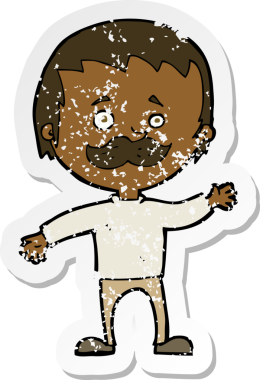 Bir insan tarafından çizilmiş bıyıklı bir karikatürcünün gerilemiş çıkartması.