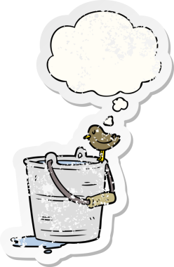 Düşünce baloncuklu çizgi film kovası insan tarafından çizilmiş yıpranmış bir çıkartma.