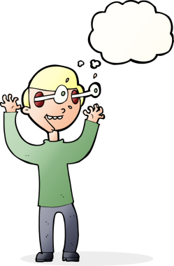 Bir insan tarafından çizilmiş düşünce baloncuğuyla gözleri fırlayan çizgi film adamı.