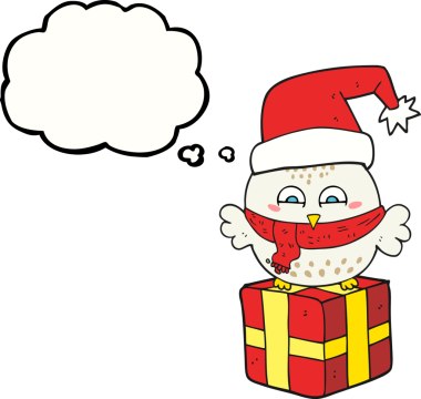 El yazısıyla çizilmiş düşünce balonu karikatürü. Bir insan tarafından çizilmiş şirin noel baykuşu.