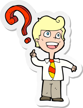 Bir insan tarafından çizilmiş sorular soran bir karikatür öğrencisinin çıkartması.