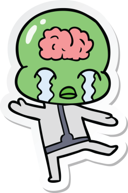 Bir çizgi film çıkartması. Bir insan tarafından çizilmiş büyük beyinli uzaylı ağlaması.