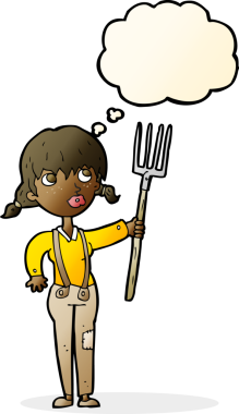 Bir insan tarafından çizilmiş düşünce balonlu çiftçi kız.