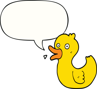 Bir insan tarafından çizilmiş konuşma balonuyla ördek vaklayan çizgi film.