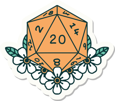 Bir insan tarafından çizilmiş 20 D20 zarının etiketi.