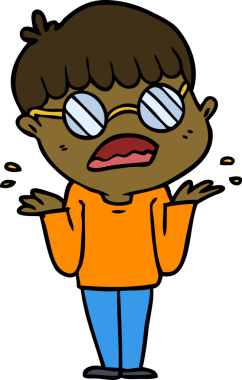 Bir insan tarafından çizilmiş gözlüklü, kafası karışık bir çocuk.