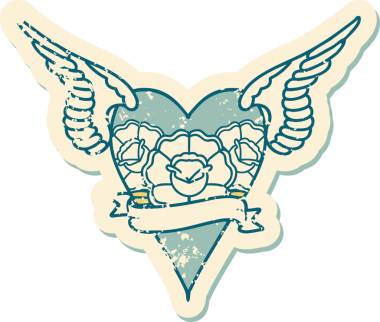 Bir insan tarafından çizilmiş çiçek ve pankartıyla uçan bir kalbin sembolik dövmeli resmi.