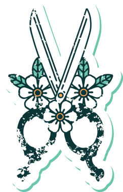 Bir insan tarafından çizilmiş berber makasının ve çiçeklerin sembolik dövmesi.