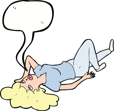 Bir insan tarafından çizilmiş konuşma baloncuğuyla yerde yatan karikatür kadın.