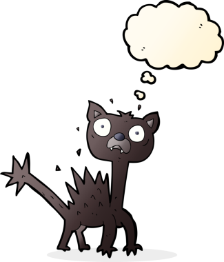 Bir insan tarafından çizilmiş düşünce balonlu korkak kedi çizgi filmi.