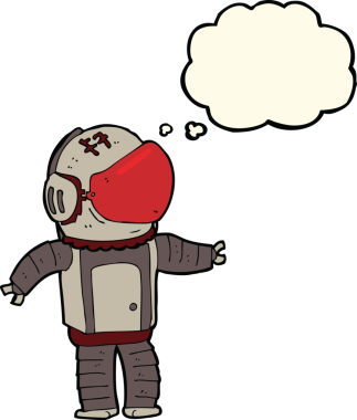 Bir insan tarafından çizilmiş düşünce baloncuklu astronot.