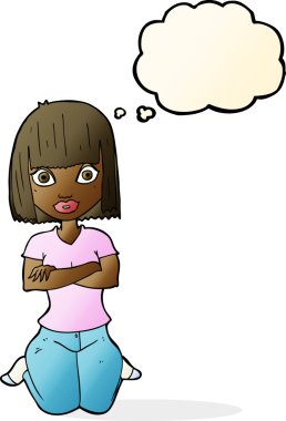 Bir insan tarafından çizilmiş düşünce baloncuğuyla diz çöken çizgi film kadını.