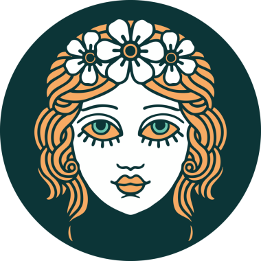 Bir insan tarafından çizilmiş çiçek desenli ikonik bir kadın yüzü.