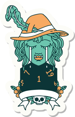 Ağlayan bir ork ozan karakterinin çıkartması. Bir insan tarafından çizilmiş doğal bir D20 rulosu.