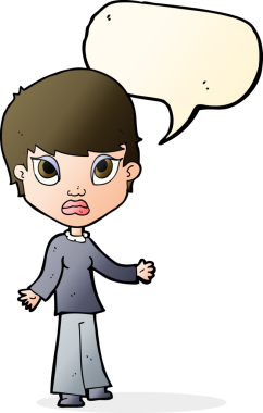 Bir insan tarafından çizilmiş konuşma baloncuğuyla omuz silken çizgi film kadını.