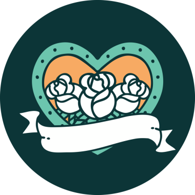 İkonik dövme stili bir kalp ve bir insan tarafından çizilmiş çiçekli pankart.