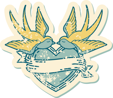 Kederli sembolik dövme stili kırlangıçlar ve bir insan tarafından çizilmiş sancaklı kalp.