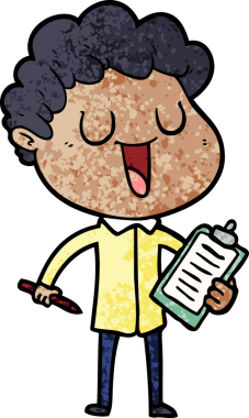 Bir insan tarafından çizilmiş pano ve kalemle gülen bir karikatür adamı.