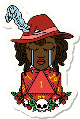 Ağlayan bir insan şairin çıkartması ve bir insan tarafından çizilmiş doğal bir D20 zar.