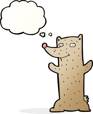 Bir insan tarafından çizilmiş düşünce baloncuklu komik çizgi film ayısı.