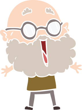 Düz renkli karikatür, neşeli, sakallı bir insan tarafından çizilmiş.