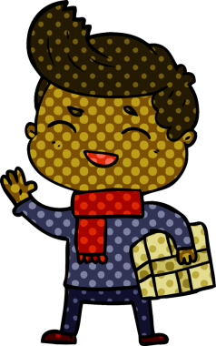 Bir insan tarafından çizilmiş paketle gülen çizgi film adamı.