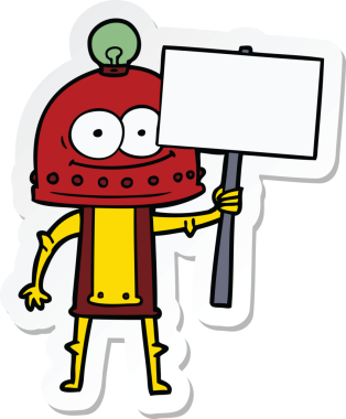 Bir insan tarafından çizilmiş mutlu bir karton robotun çıkartması.