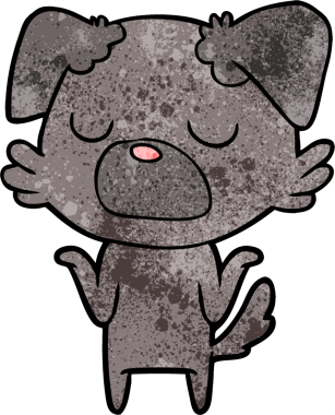 Bir insan tarafından çizilmiş omuzlarını silkeleyen çizgi film köpeği.