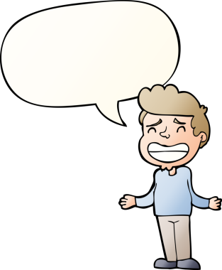 Çizgi filmci çocuk, bir insan tarafından çizilmiş yumuşak bir eğimle konuşma baloncuğuyla omuz silkiyor.