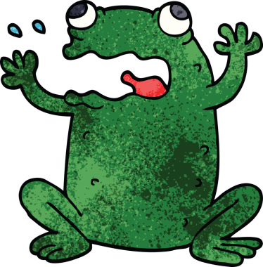 Bir insan tarafından çizilmiş karikatür geğiren kurbağa.