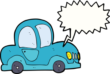 Bir insan tarafından çizilmiş, konuşma balonu olan bir çizgi film arabası.