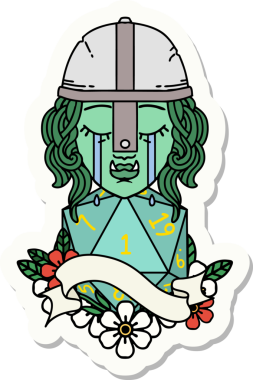 Ağlayan bir Ork savaşçı karakterinin çıkartması. Doğal bir d20 rulo ile bir insan tarafından çizilmiş.