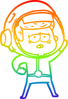 Gökkuşağı gradyan çizgi çizimi bir insan tarafından çizilmiş yorgun astronot