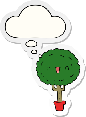 Düşünce baloncuğu insan tarafından çizilmiş bir çıkartma olan çizgi film mutlu ağacı.