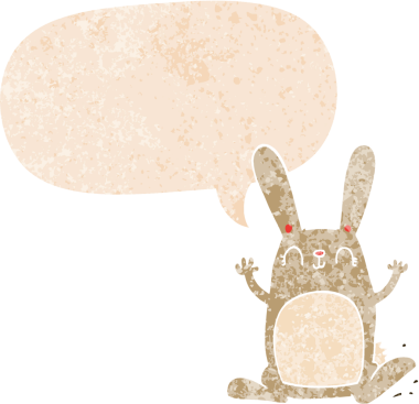 Konuşma baloncuğu olan çizgi film tavşanı bir insan tarafından çizilmiş dertli retro tarzı