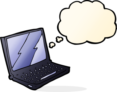 Bir insan tarafından çizilmiş düşünce balonlu dizüstü bilgisayar.