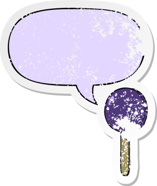 Konuşma balonlu çizgi film lolipopu bir insan tarafından çizilmiş sıkıntılı eski bir çıkartma