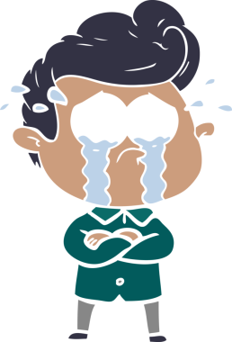 Düz renkli çizgi film ağlayan adam kollarını çapraz yapmış bir insan tarafından çizilmiş.